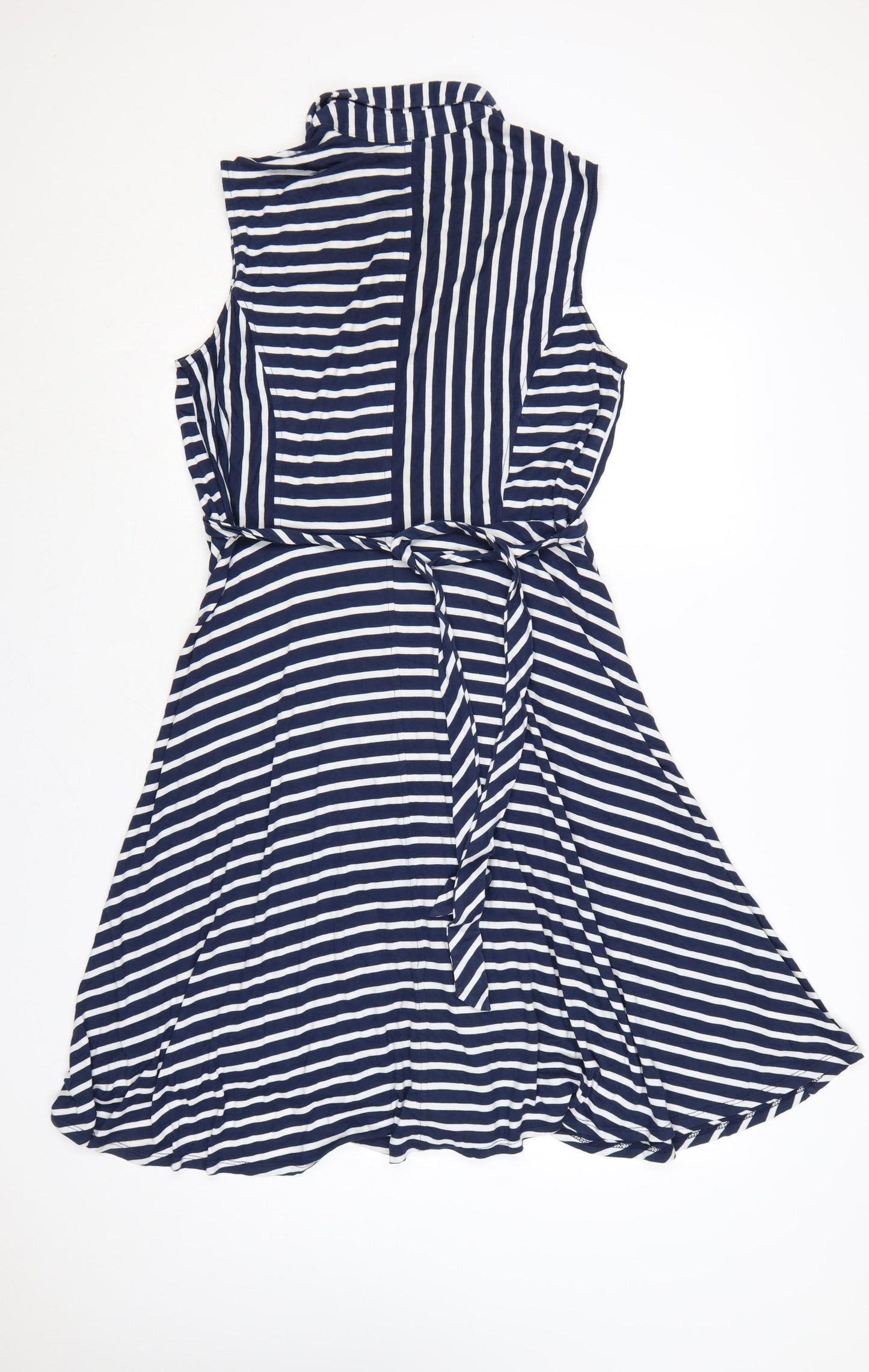 Laura Ashley Women Blue Striped UK 14 Shirt Dress Belted Sleeveless