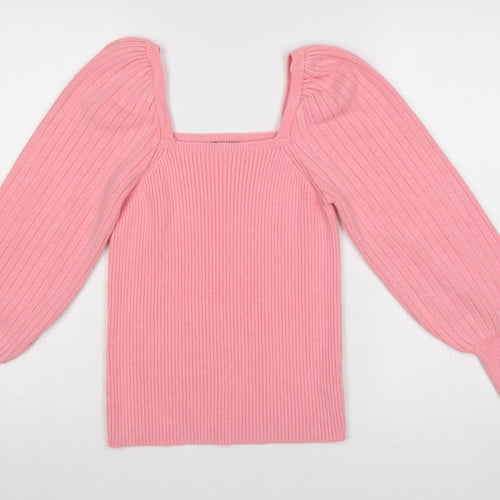 F&F Women’s Pink UK 12 Square Neck Rib Knit Balloon Sleeve Jumper