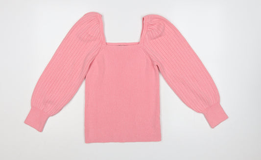 F&F Women’s Pink UK 12 Square Neck Rib Knit Balloon Sleeve Jumper