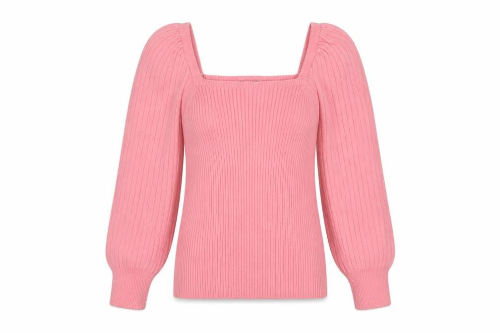 F&F Women’s Pink UK 12 Square Neck Rib Knit Balloon Sleeve Jumper