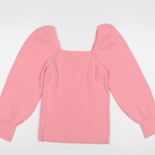 F&F Women’s Pink UK 12 Square Neck Rib Knit Balloon Sleeve Jumper