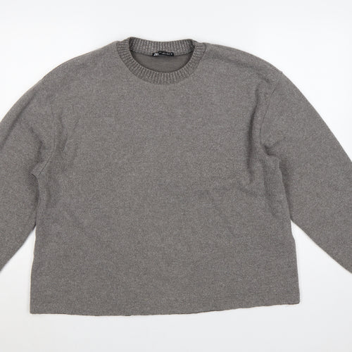 Zara Women Grey L Fine Knit Crew Neck Long Sleeve Pullover Jumper