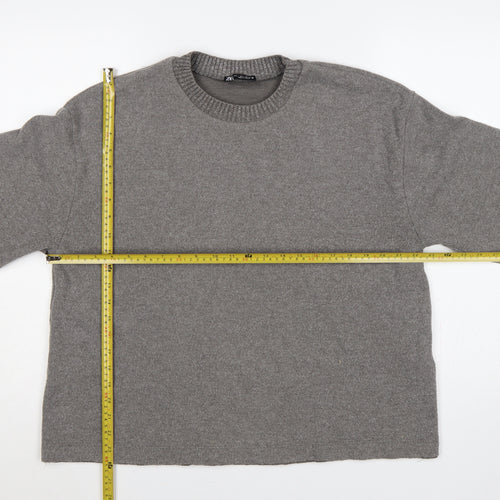 Zara Women Grey L Fine Knit Crew Neck Long Sleeve Pullover Jumper