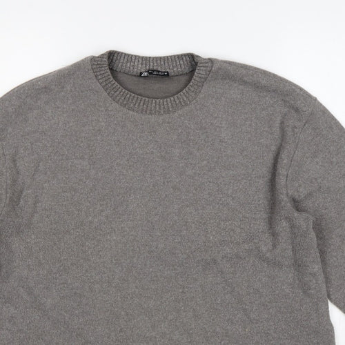 Zara Women Grey L Fine Knit Crew Neck Long Sleeve Pullover Jumper