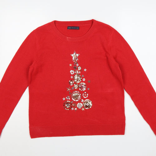 Marks and Spencer Women Red M Christmas Sequin Tree Raglan Jumper