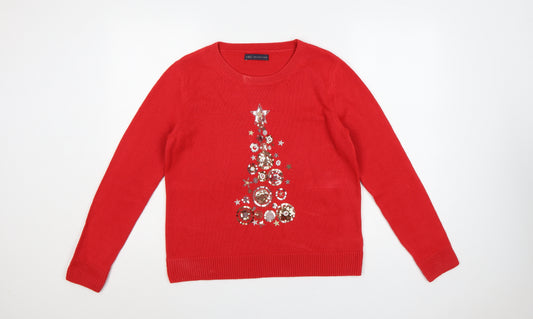 Marks and Spencer Women Red M Christmas Sequin Tree Raglan Jumper