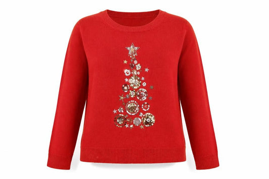 Front view of Marks & Spencer Women Red M Christmas Sequin Tree Raglan Jumper
