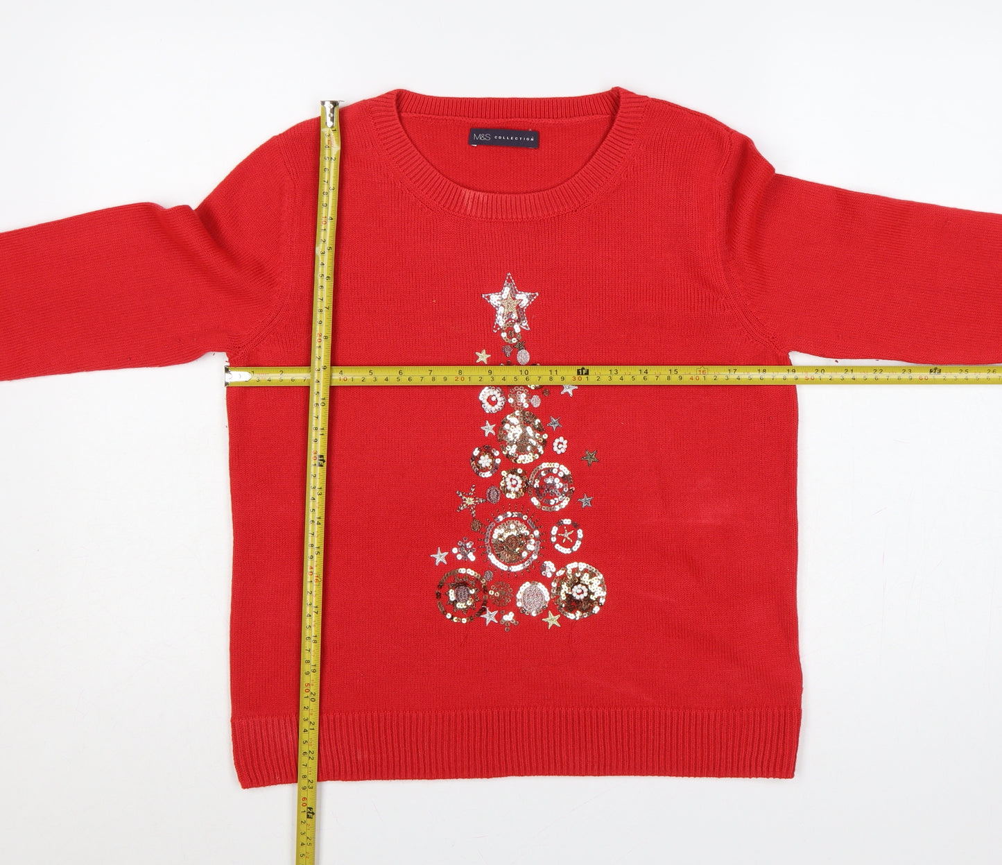 Marks and Spencer Women Red M Christmas Sequin Tree Raglan Jumper