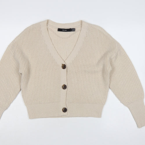 Vero Moda Women’s Beige S Chunky Knit V-Neck Button Cardigan