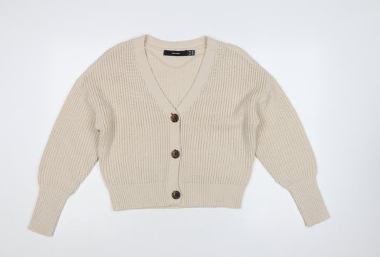 Vero Moda Women’s Beige S Chunky Knit V-Neck Button Cardigan