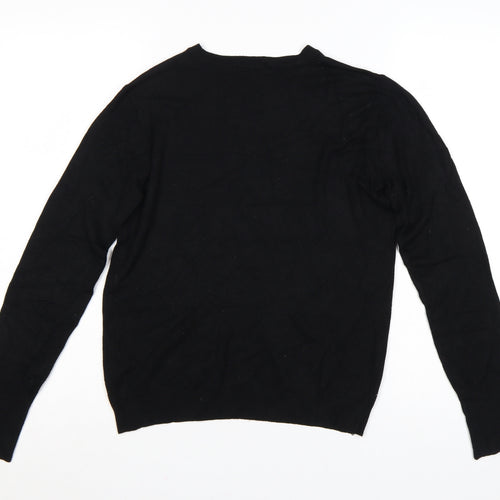 Zara Women Black L Crew Neck Pearl Cuff Knit Pullover Jumper