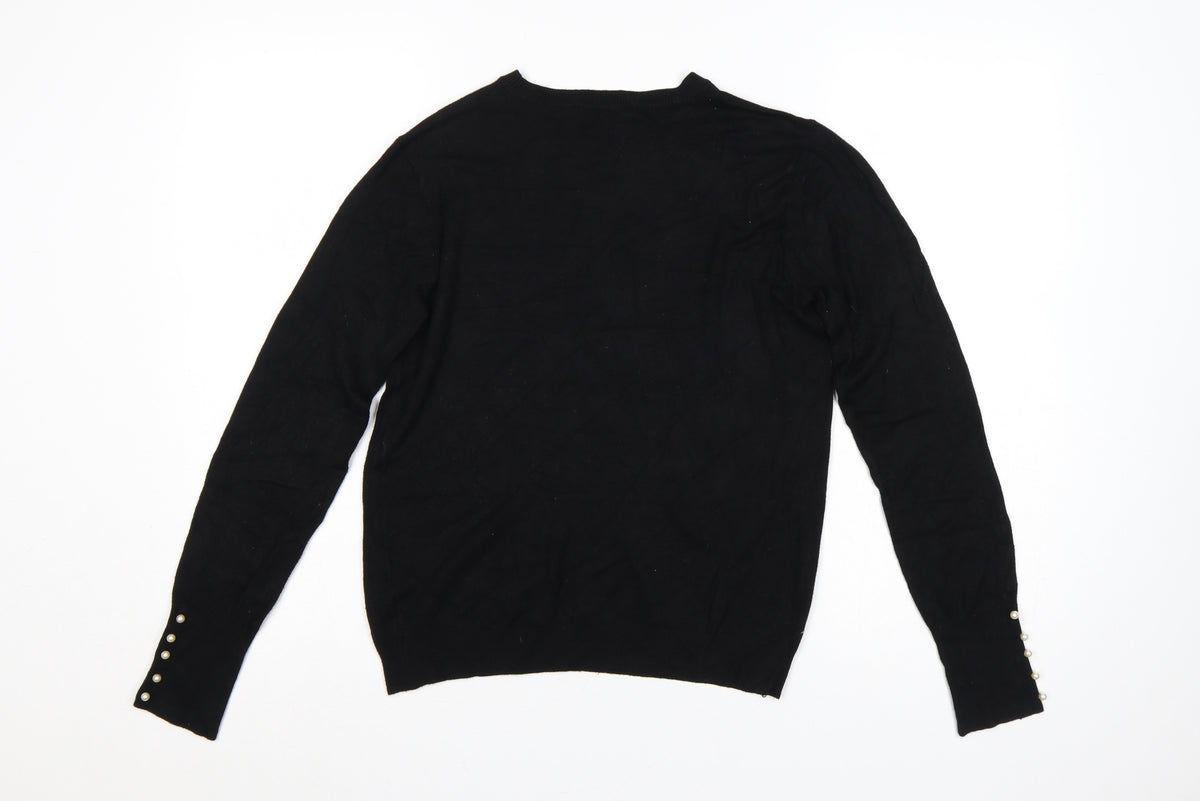 Zara Women Black L Crew Neck Pearl Cuff Knit Pullover Jumper
