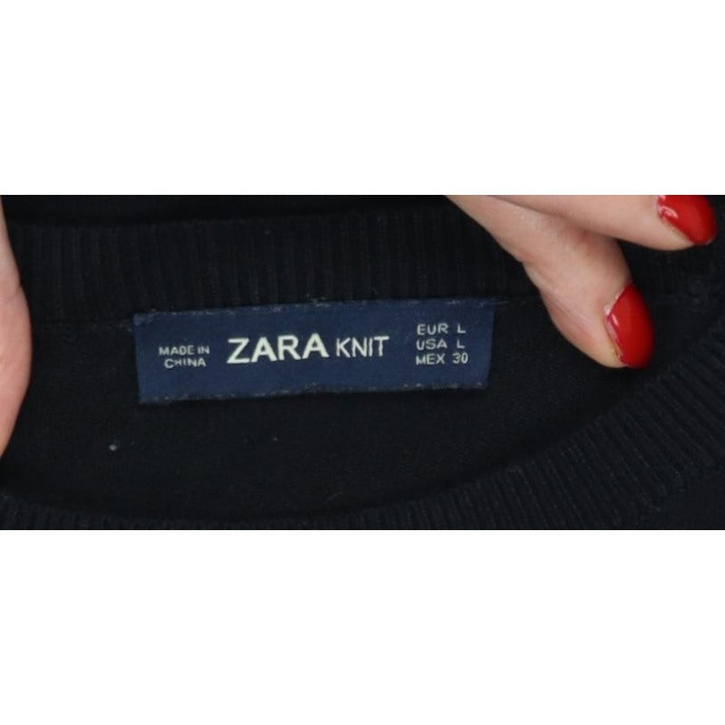 Zara Women Black L Crew Neck Pearl Cuff Knit Pullover Jumper