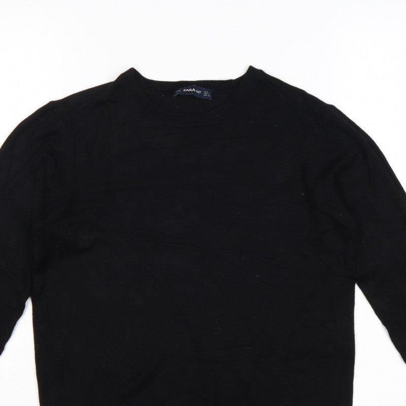 Zara Women Black L Crew Neck Pearl Cuff Knit Pullover Jumper