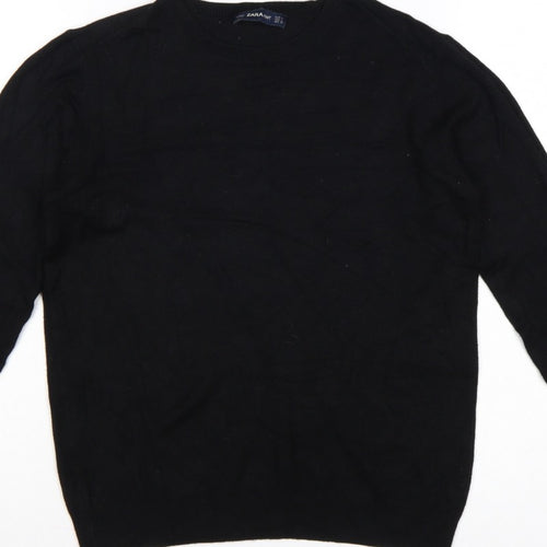 Zara Women Black L Crew Neck Pearl Cuff Knit Pullover Jumper