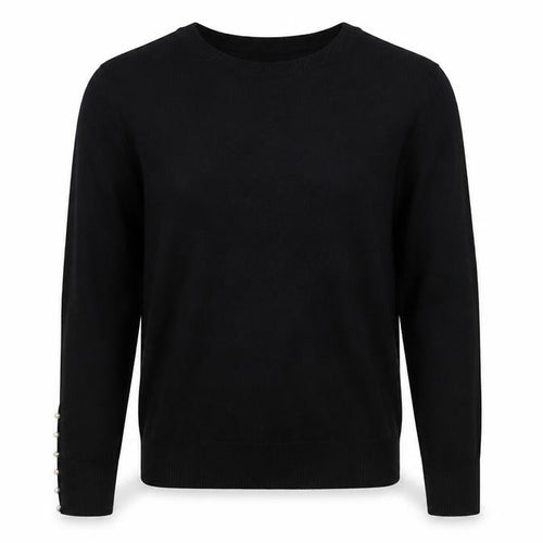Zara Women Black L Crew Neck Pearl Cuff Knit Pullover Jumper