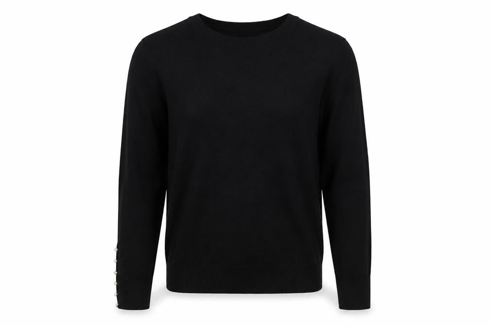 Zara Women Black L Crew Neck Pearl Cuff Knit Pullover Jumper