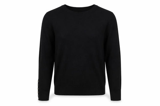 Zara Women Black L Crew Neck Pearl Cuff Knit Pullover Jumper