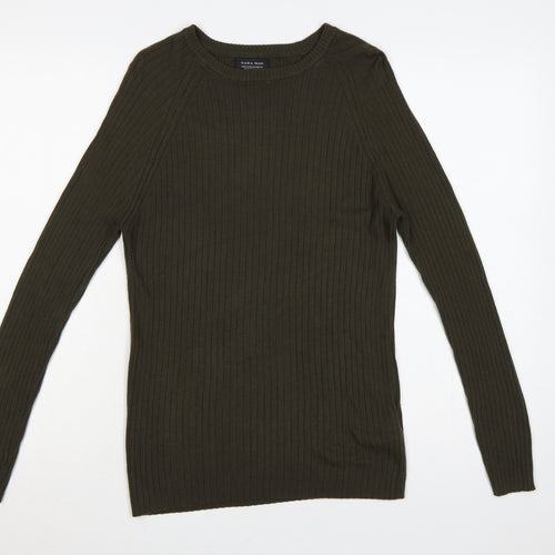 Zara Man Men Green Ribbed Crew Neck Slim Pullover Jumper M