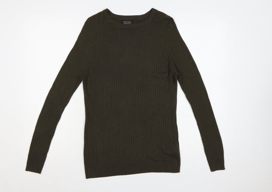 Zara Man Men Green Ribbed Crew Neck Slim Pullover Jumper M