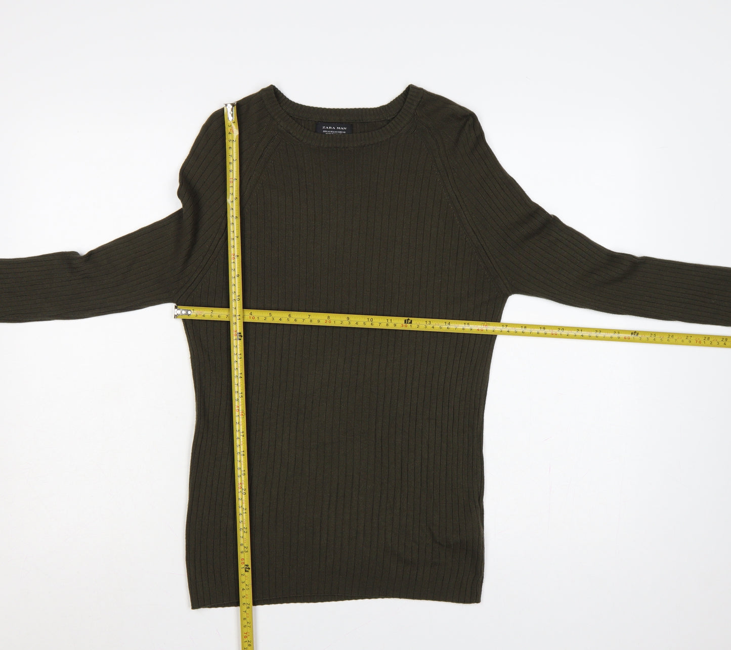 Zara Man Men Green Ribbed Crew Neck Slim Pullover Jumper M