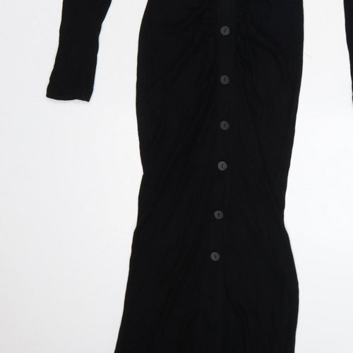 Stradivarius Women Black S Long Knit Collared Button Maxi Jumper Dress