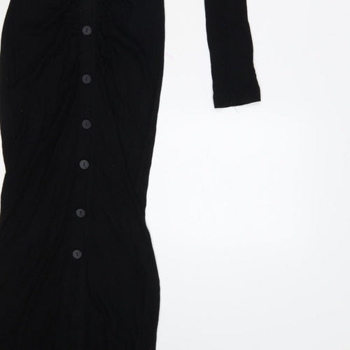 Stradivarius Women Black S Long Knit Collared Button Maxi Jumper Dress