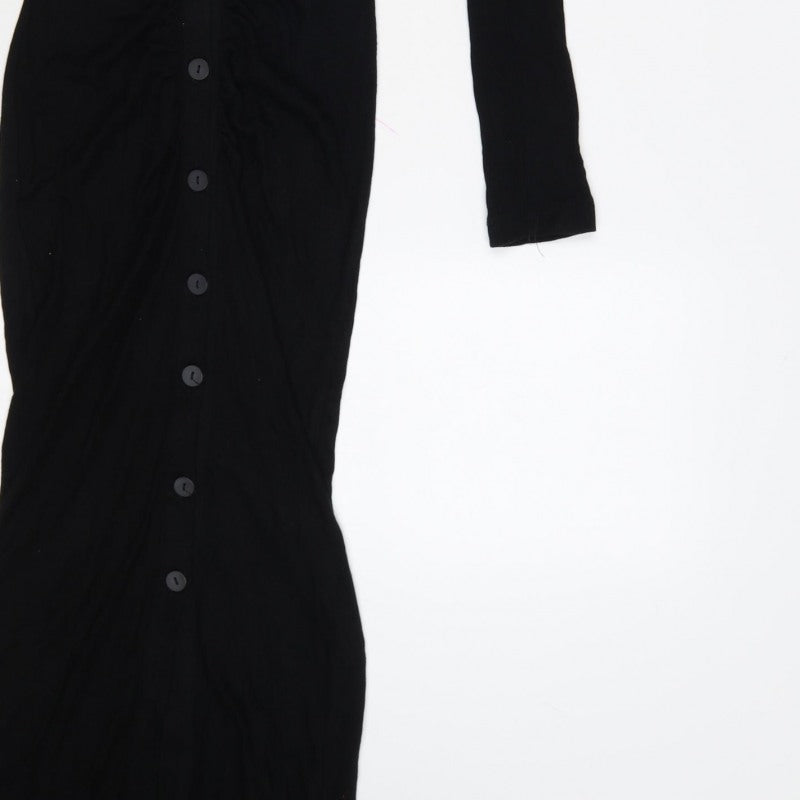 Stradivarius Women Black S Long Knit Collared Button Maxi Jumper Dress