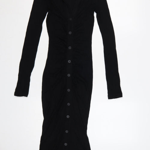 Stradivarius Women Black S Long Knit Collared Button Maxi Jumper Dress