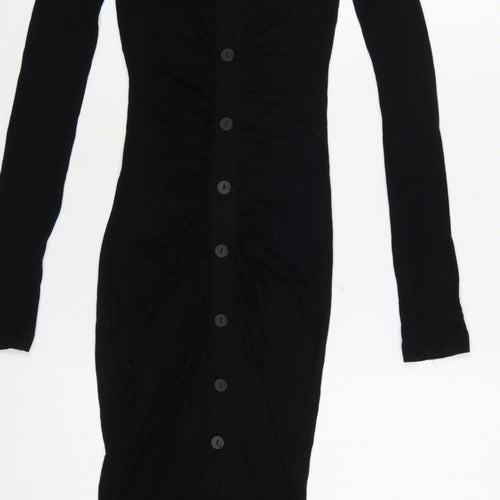 Stradivarius Women Black S Long Knit Collared Button Maxi Jumper Dress