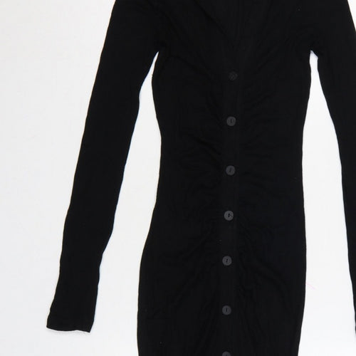 Stradivarius Women Black S Long Knit Collared Button Maxi Jumper Dress