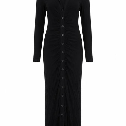 Stradivarius Women Black S Long Knit Collared Button Maxi Jumper Dress