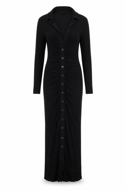 Front view of Stradivarius Women Black S Long Knit Collared Button Maxi Jumper Dress