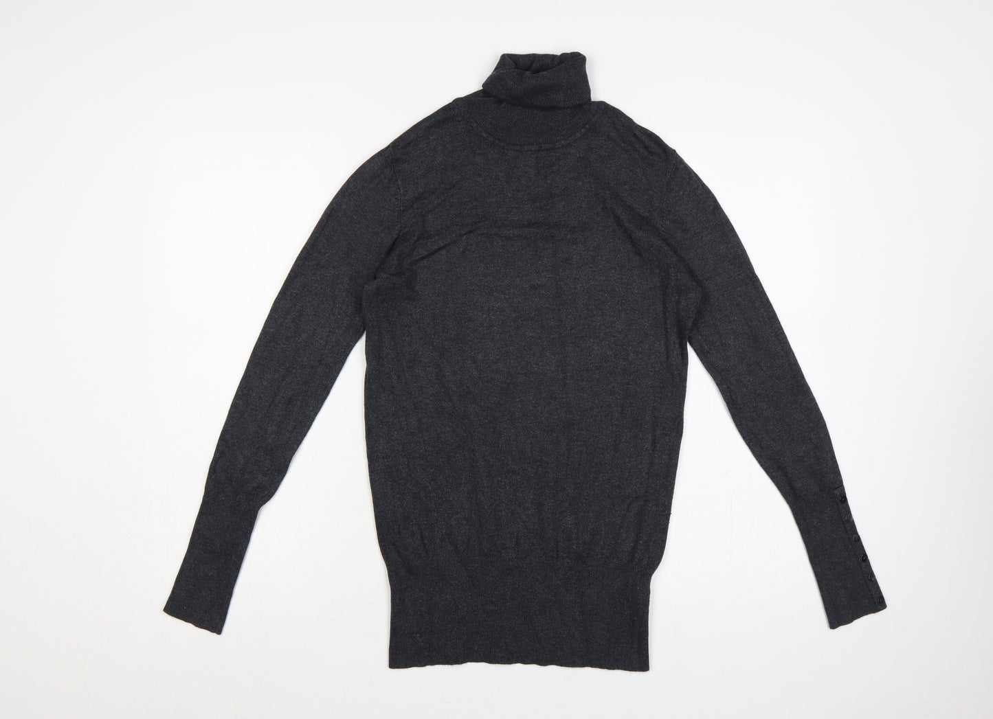 Zara Women Grey M Roll Neck Knit Pullover Button Cuffs