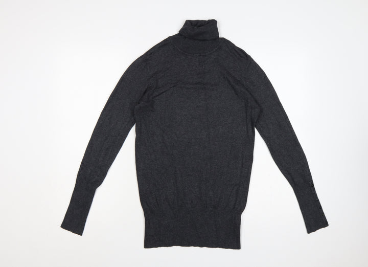 Zara Women Grey M Roll Neck Knit Pullover Button Cuffs