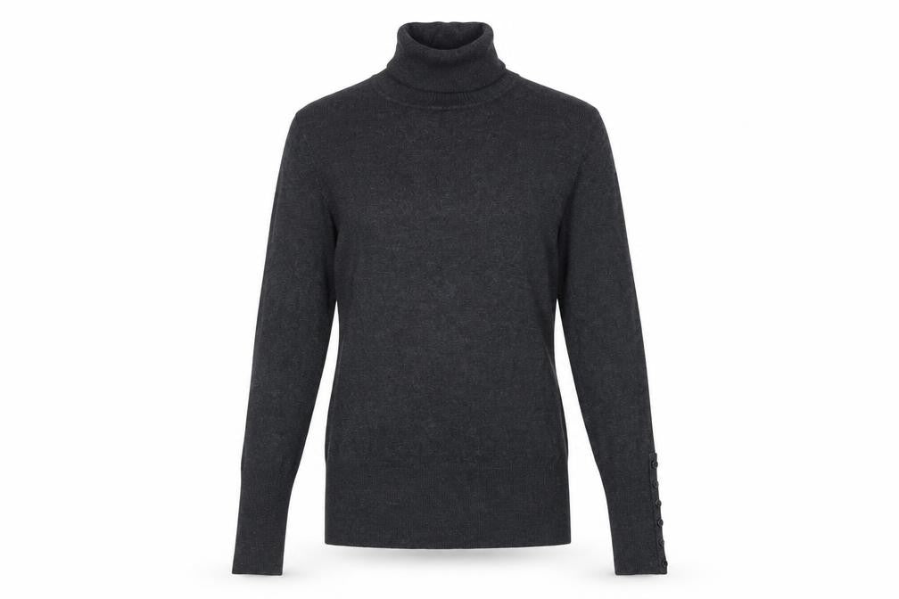 Front view of Zara Women Grey M Roll Neck Knit Pullover Button Cuffs