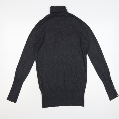Zara Women Grey M Roll Neck Knit Pullover Button Cuffs
