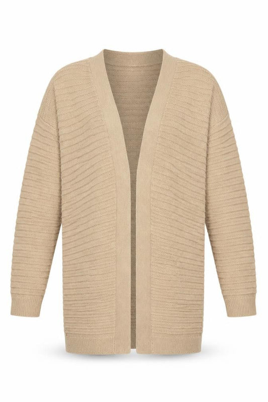 Front view of Amara Reya Women Beige M Open Knit Longline Cardigan V-Neck