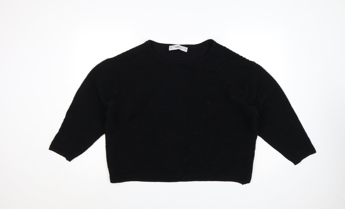 Zara Women Black S Rib Knit Dolman 3/4 Sleeve Pullover Jumper