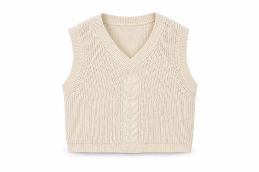 Front view of La Fée Maraboutée Women Ivory M Cable-Knit V-Neck Sleeveless Vest