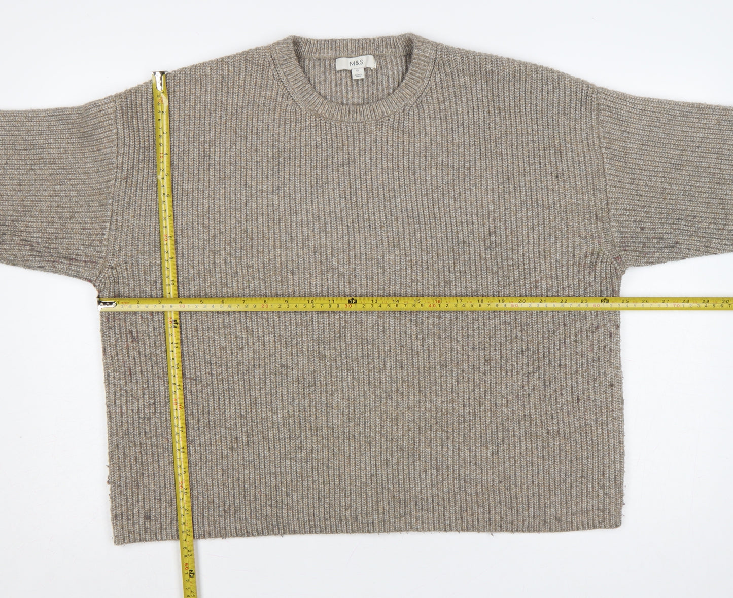 Marks and Spencer Women Beige XL Rib Knit Crew Neck Pullover Jumper