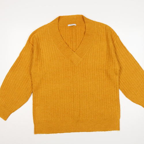 Tu Women Yellow Size 12 V-Neck Rib Knit Balloon Sleeve Jumper