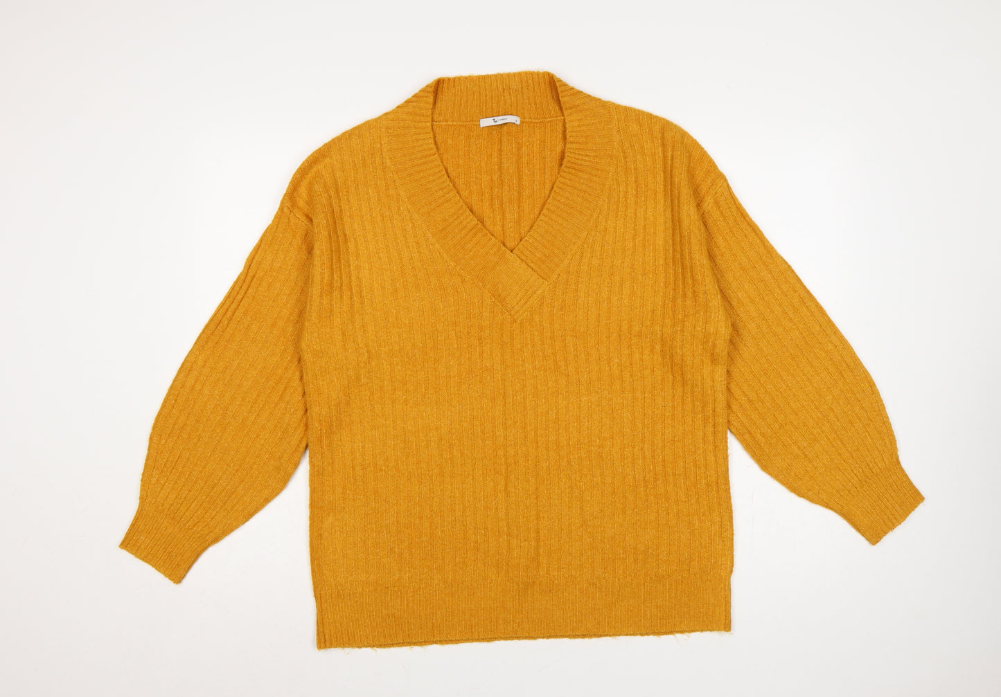 Tu Women Yellow Size 12 V-Neck Rib Knit Balloon Sleeve Jumper