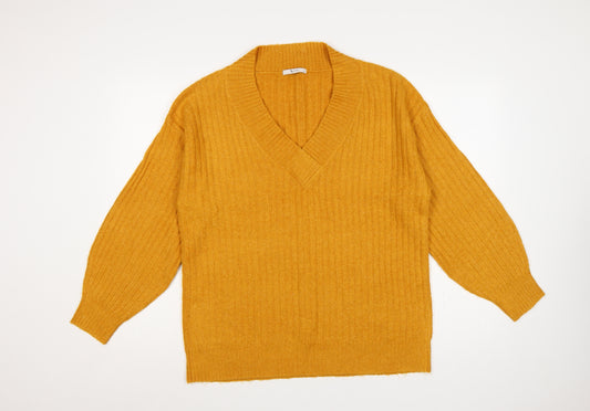Tu Women Yellow Size 12 V-Neck Rib Knit Balloon Sleeve Jumper