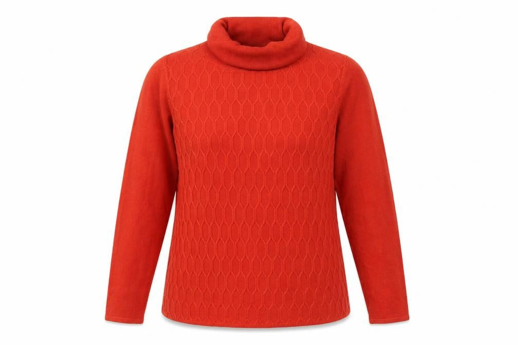 Front view of Bonmarché Women Orange UK 14 Roll Neck Geometric Knit jumper
