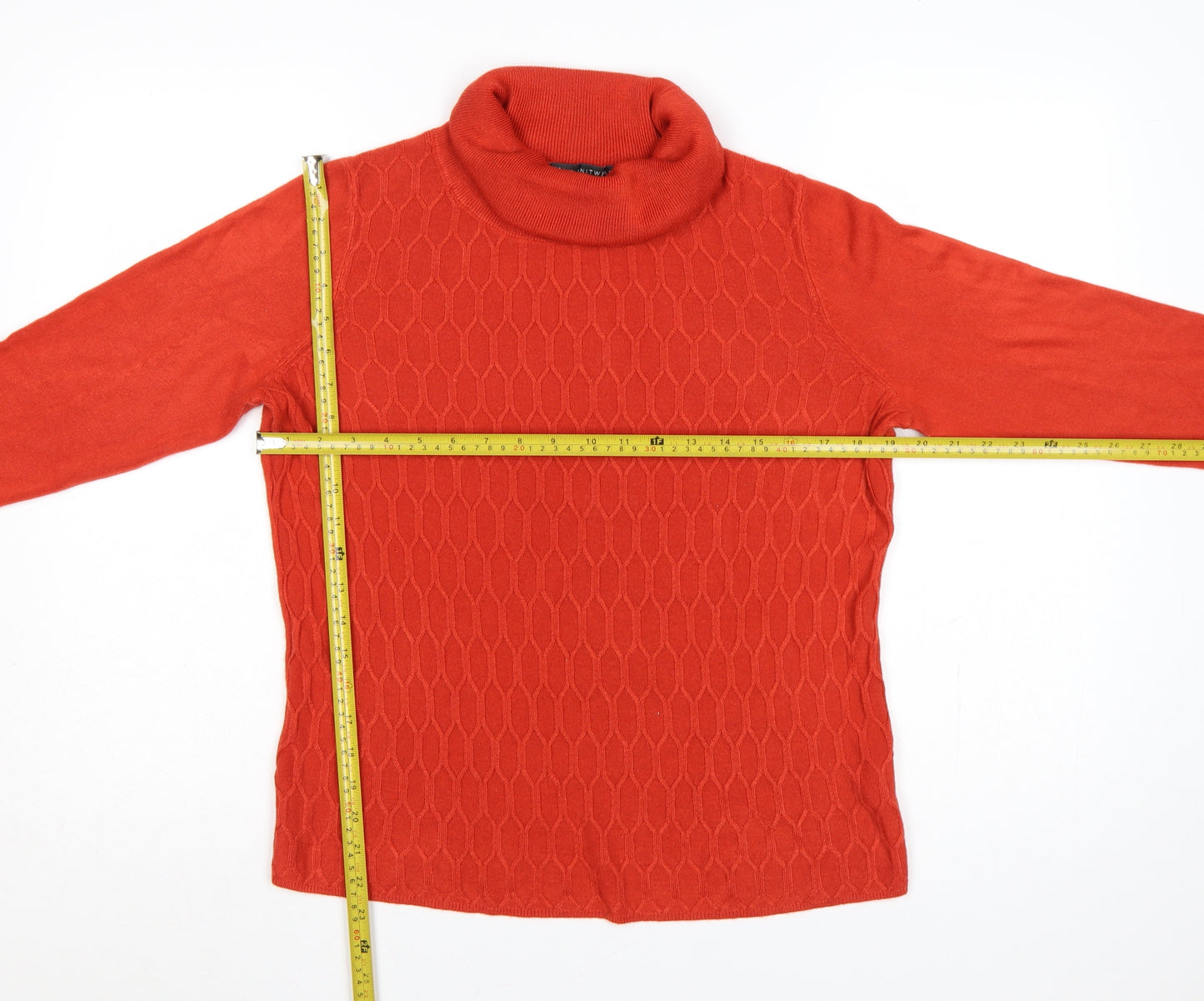 Bonmarché Women Orange UK 14 Roll Neck Geometric Knit Pullover Jumper
