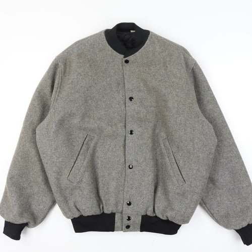 Mens Wool Grey XL Quilted Interior Bomber Jacket Black Ribbed Trim Snap Front