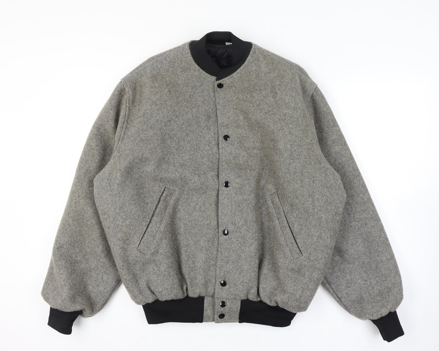 Mens Wool Grey XL Quilted Interior Bomber Jacket Black Ribbed Trim Snap Front