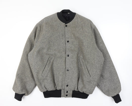 Mens Wool Grey XL Quilted Interior Bomber Jacket Black Ribbed Trim Snap Front