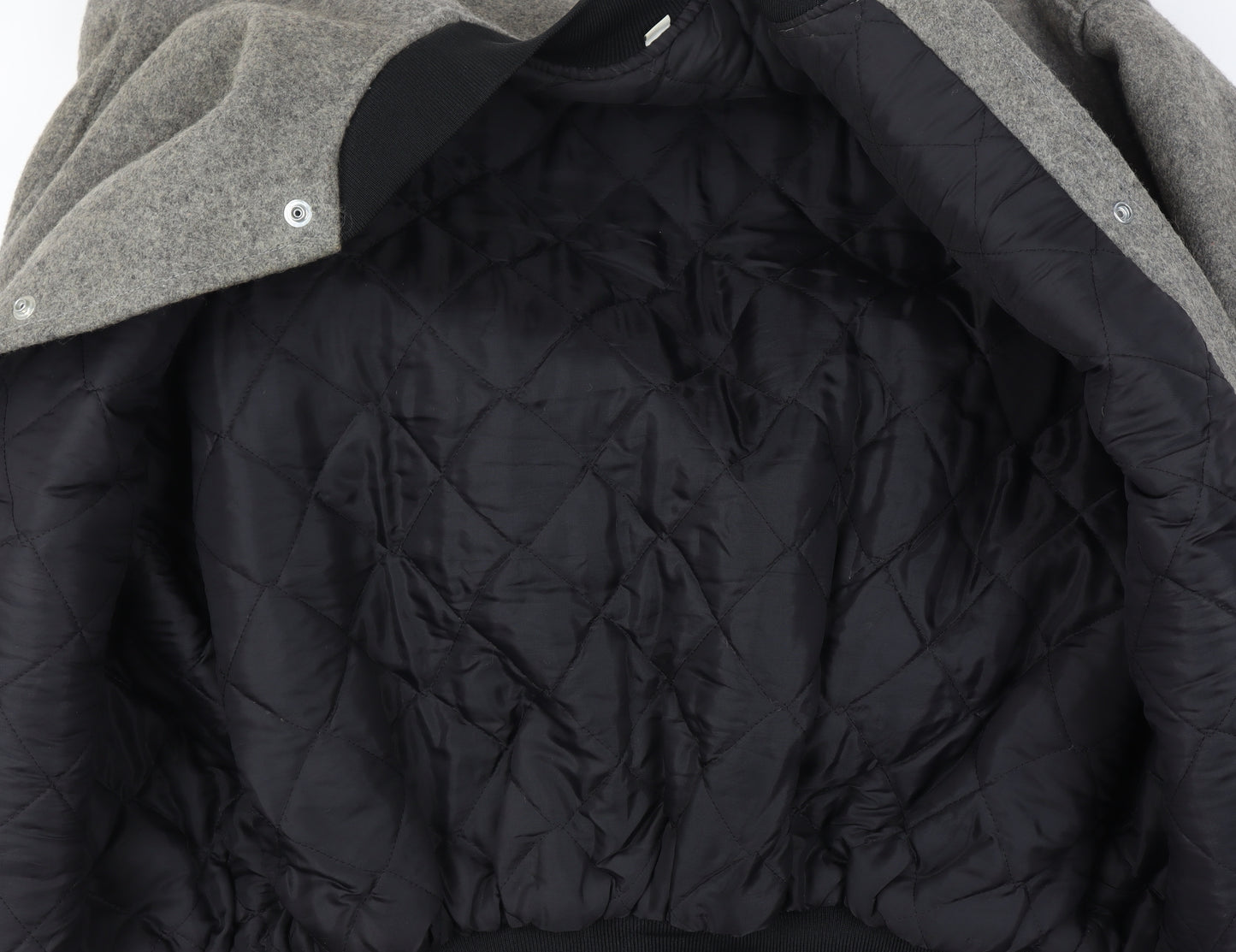 Mens Wool Grey XL Quilted Interior Bomber Jacket Black Ribbed Trim Snap Front